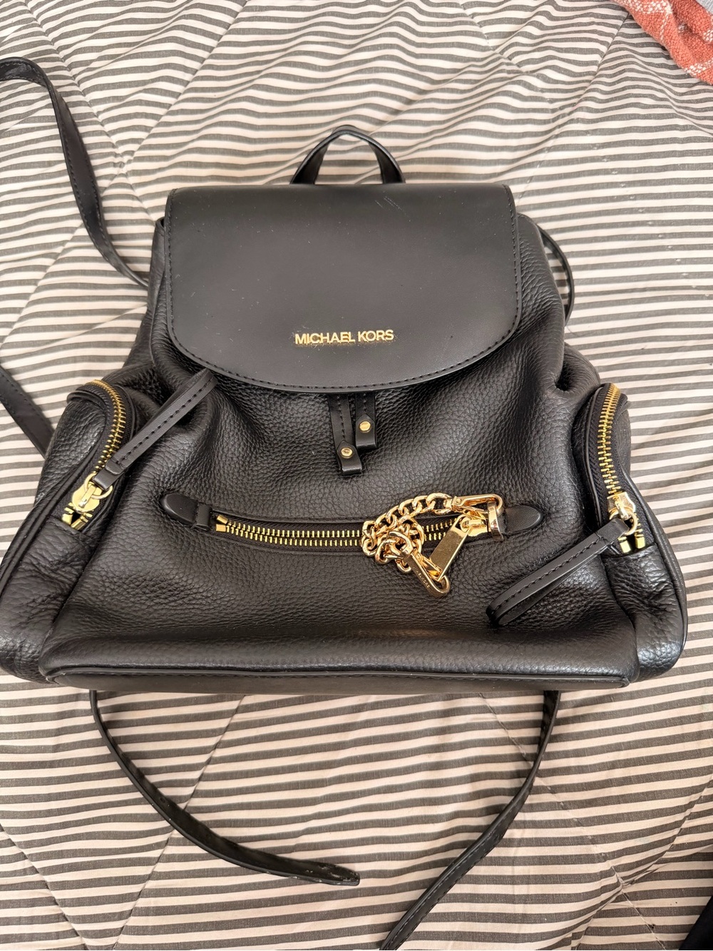 Michael Kors Black Pebbled Leather Backpack with Gold Hardware